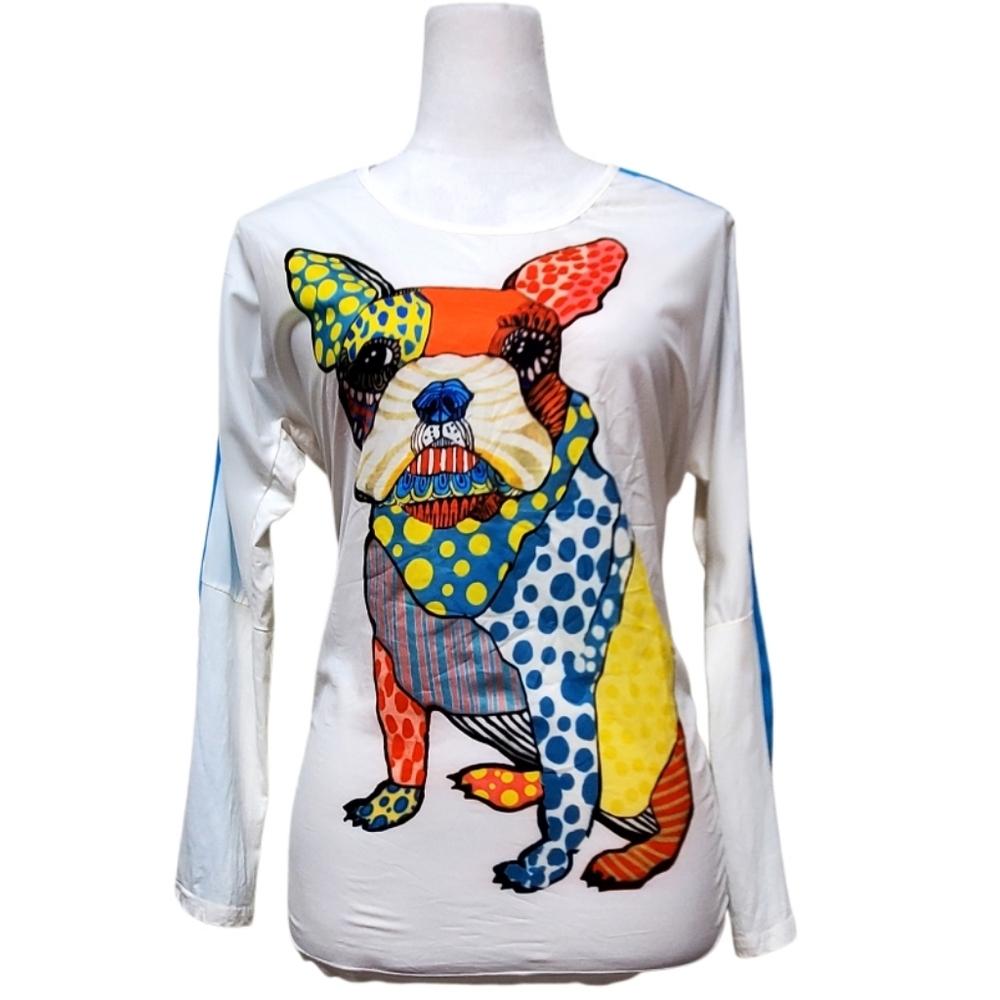 ViviDion White Long Sleeve T-Shirt Features Abstract French Bulldog Print